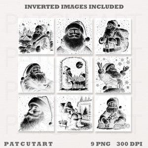 May include: A collection of nine black and white digital illustrations featuring Santa Claus in various winter scenes, including snowy landscapes, cozy firesides, and festive settings. The text INVERTED IMAGES INCLUDED, PATCUTART, and 9 PNG 300 DPI is visible.