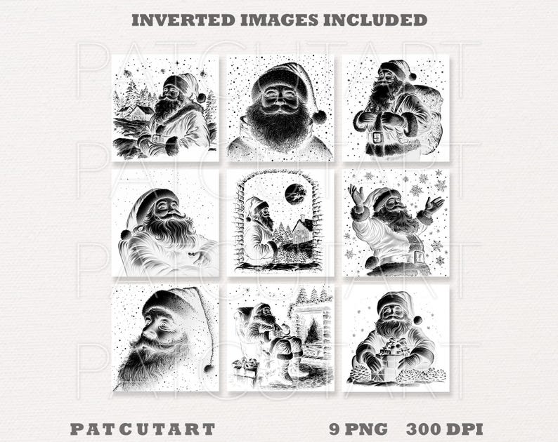 May include: A collection of nine black and white digital illustrations featuring Santa Claus in various winter scenes, including snowy landscapes, cozy firesides, and festive settings. The text INVERTED IMAGES INCLUDED, PATCUTART, and 9 PNG 300 DPI is visible.