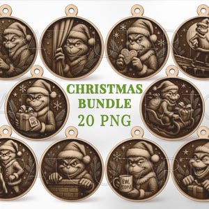 May include: A collection of wooden Christmas ornaments featuring the Grinch in various scenes. Each ornament is circular with a hole at the top for hanging. The ornaments have a brown, wood-grain appearance and include the text "CHRISTMAS BUNDLE 20 PNG".