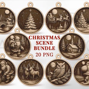 Peut inclure: Une collection de dix ornements circulaires en bois avec des scènes de Noël gravées, incluant le Père Noël, des rennes, un chalet enneigé et un hibou. Le texte CHRISTMAS SCENE BUNDLE 20 PNG est centré au milieu de cet ensemble graphique brun et beige.
