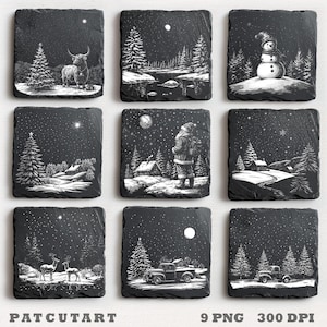 Arquivos de gravação em ardósia de Natal, Cena de Natal a laser, Gravação a laser de Natal, Arquivo de gravação a laser, Glowforge, Porta-copos de ardósia de Natal PNG