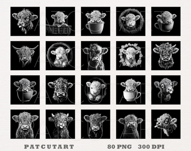 May include: A set of 20 black and white digital clipart images featuring Highland cattle in various poses, including drinking from a cup, wearing a crown, and looking at the camera. The images are perfect for use in digital scrapbooking, card making, and other creative projects.