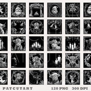 May include: A collection of 120 black and white digital illustrations featuring Christmas themes including Highland cows, reindeer, Santa Claus, gingerbread men, candles, bells, and wreaths. The grid displays various square designs with festive motifs.