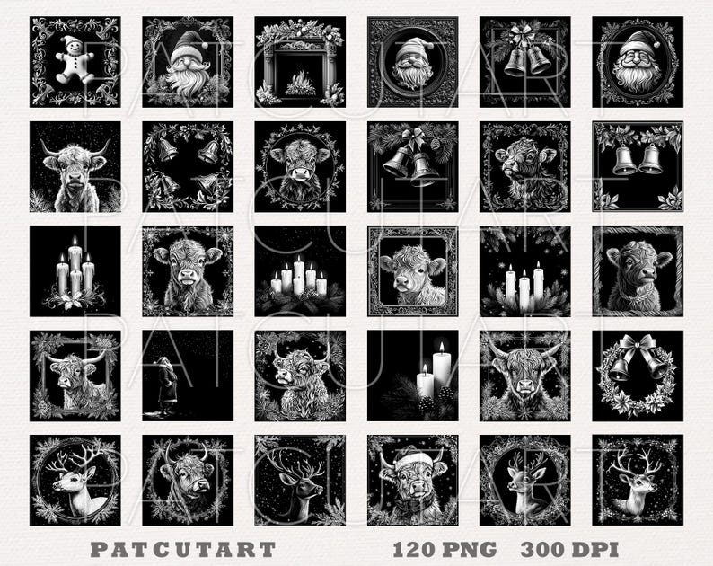 May include: A collection of 120 black and white digital illustrations featuring Christmas themes including Highland cows, reindeer, Santa Claus, gingerbread men, candles, bells, and wreaths. The grid displays various square designs with festive motifs.