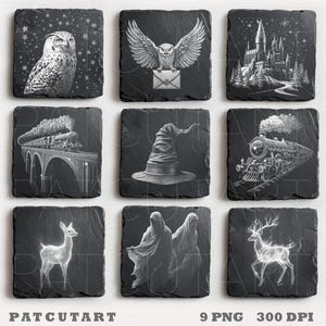 May include: A set of nine square black slate coasters featuring white engraved illustrations including an owl, a castle, a steam train on a bridge, a pointed hat, a deer, and hooded figures. Each coaster displays a distinct fantasy-themed graphic.