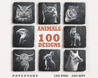 Slate Engraving Files, Animals PNG Laser Engrave, Animals Slate Coasters PNG, Glowforge, Wildlife Laser Burn File,Cute Animal Illusion Laser