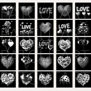 May include: A collection of twenty-five square digital art tiles arranged in a grid, featuring black and white illustrations of hearts, roses, ladybugs, balloons, and the word LOVE in various styles, including leopard print and floral patterns.