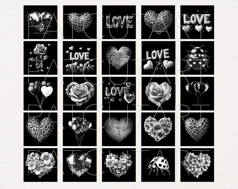 May include: A collection of twenty-five square digital art tiles arranged in a grid, featuring black and white illustrations of hearts, roses, ladybugs, balloons, and the word LOVE in various styles, including leopard print and floral patterns.