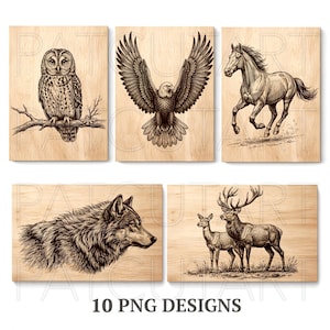 May include: Set of five wooden panels featuring detailed illustrations of wildlife. Includes an owl on a branch, an eagle with outstretched wings, a running horse, a wolf, and a deer with a fawn. The text "10 PNG DESIGNS" is at the bottom.