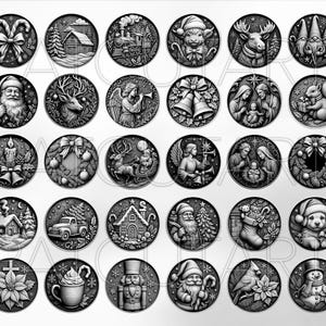May include: A collection of black and white Christmas-themed circular illustrations. Each design features festive elements like Santa Claus, reindeer, angels, bells, and winter scenes. The illustrations are detailed and decorative.