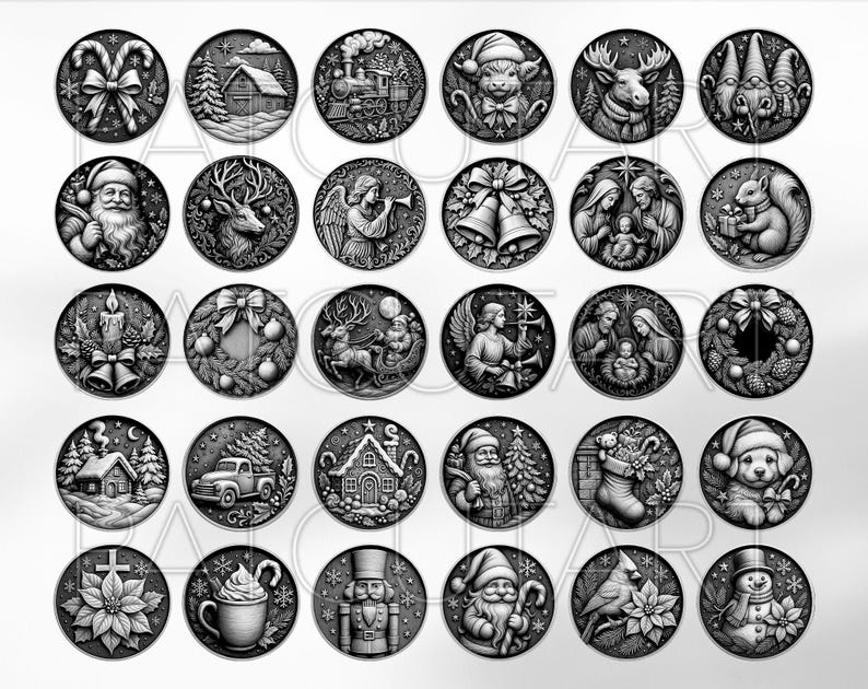 May include: A collection of black and white Christmas-themed circular illustrations. Each design features festive elements like Santa Claus, reindeer, angels, bells, and winter scenes. The illustrations are detailed and decorative.