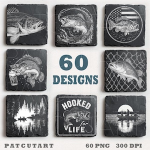 May include: Eight square black slate coasters featuring white engraved fishing-themed illustrations, including various bass fish, a boat on a lake, and the text Hooked for Life, arranged around the central blue text 60 DESIGNS.