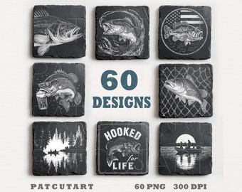 Bass Fishing Wrap PNG for Slate Coaster | Laser Engraving File | Fishing Glowforge | Gift for Angler | Bar Decor,Fishing Laser Slate Coaster