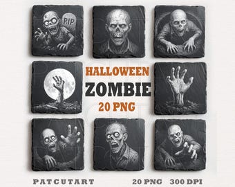 May include: A collection of eight square slate coasters featuring detailed black and white illustrations of zombies and hands emerging from the ground. The central text reads HALLOWEEN ZOMBIE 20 PNG, with additional text at the bottom reading PATCUTART 20 PNG 300 DPI.