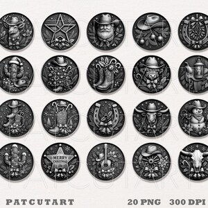 May include: A collection of twenty grayscale circular designs with Western and Christmas themes. Each design features detailed illustrations of cowboy hats, boots, cacti, and holiday elements. The text "MERRY CHRISTMAS" is visible on one of the designs. The text "PATCUTART" and "20 PNG 300 DPI" are also visible.