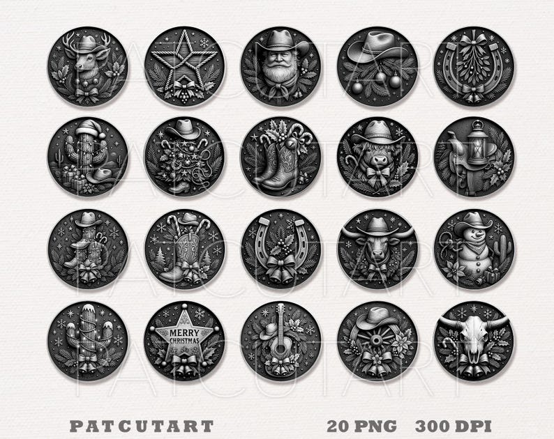 May include: A collection of twenty grayscale circular designs with Western and Christmas themes. Each design features detailed illustrations of cowboy hats, boots, cacti, and holiday elements. The text "MERRY CHRISTMAS" is visible on one of the designs. The text "PATCUTART" and "20 PNG 300 DPI" are also visible.