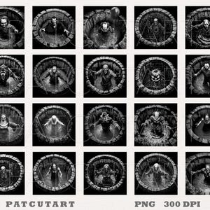 May include: A digital collection of twenty black and white illustrations featuring various horror characters emerging from stone wells. Each square image depicts a different figure, including monsters, ghosts, and villains, with the text PATCUTART PNG 300 DPI.