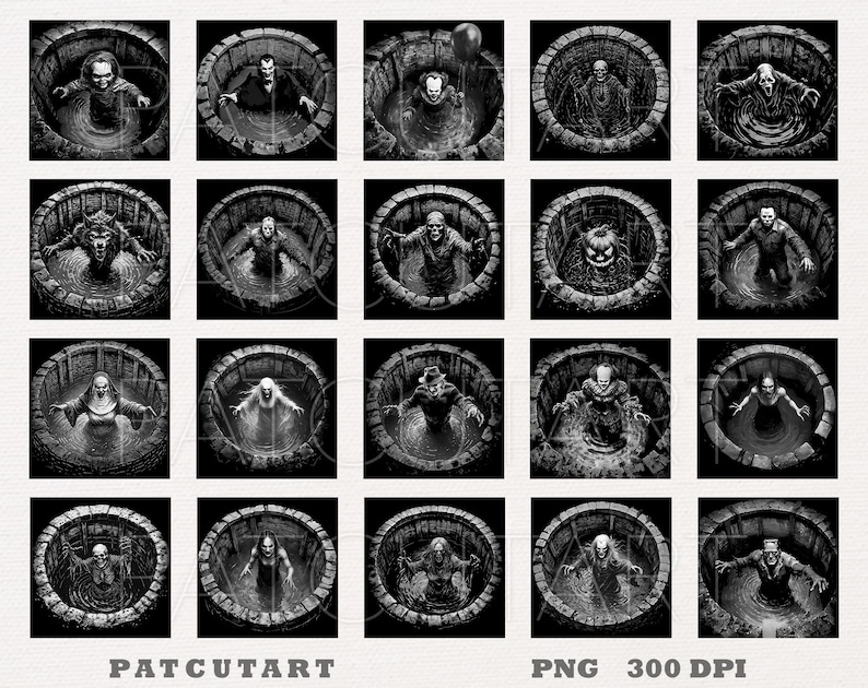 May include: A digital collection of twenty black and white illustrations featuring various horror characters emerging from stone wells. Each square image depicts a different figure, including monsters, ghosts, and villains, with the text PATCUTART PNG 300 DPI.