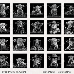 May include: A digital collage of 20 black and white illustrations of cows wearing hats. The cows are in various poses, some are standing, some are sitting, and some are lying down. The hats are all different styles, including cowboy hats, fedoras, and baseball caps.