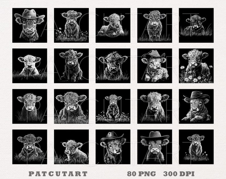 May include: A digital collage of 20 black and white illustrations of cows wearing hats. The cows are in various poses, some are standing, some are sitting, and some are lying down. The hats are all different styles, including cowboy hats, fedoras, and baseball caps.
