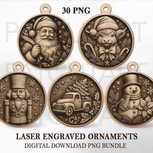 クリスマスオーナメント彫刻ファイル、クリスマスPNGレーザー彫刻、クリスマスオーナメントPNG、Glowforge、サンタレーザー焼き付けファイル、木製オーナメントPNG