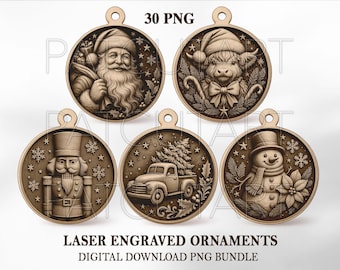 Christmas Ornament Engraving Files, Christmas PNG Laser Engrave,Christmas Ornament PNG, Glowforge,Santa Laser Burn File, Wood Ornament Png