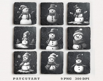 May include: A set of nine square black slate coasters featuring white illustrations of snowmen in various poses and winter settings. Each coaster displays a unique snowman wearing a hat and scarf, with falling snowflakes and trees visible.