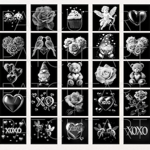 May include: A collection of twenty-five square black and white digital illustrations featuring romantic motifs including roses, teddy bears, gnomes, hearts, cupcakes, and the text XOXO. Each square contains a distinct graphic design element.