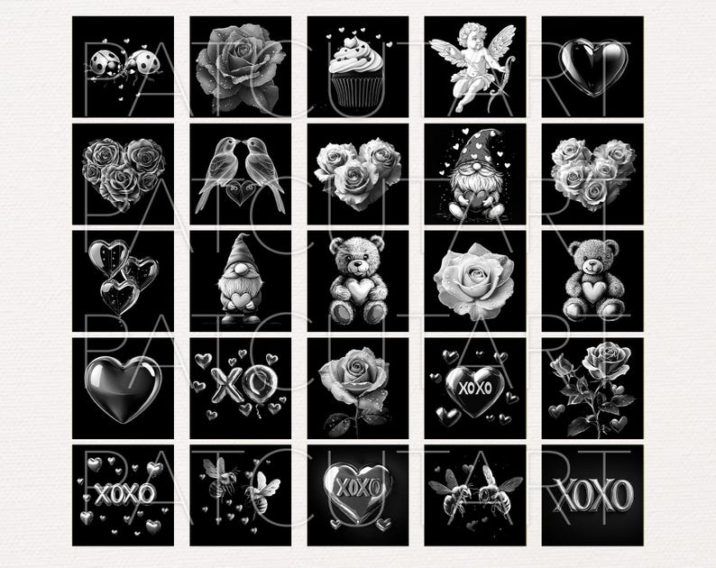 May include: A collection of twenty-five square black and white digital illustrations featuring romantic motifs including roses, teddy bears, gnomes, hearts, cupcakes, and the text XOXO. Each square contains a distinct graphic design element.