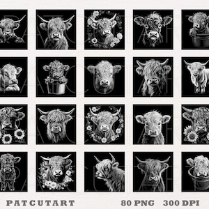 May include: A set of 20 black and white digital illustrations of Highland cattle in various poses. The cattle are depicted with flowers, hearts, and other decorative elements. The illustrations are perfect for use in digital scrapbooking, card making, and other creative projects.