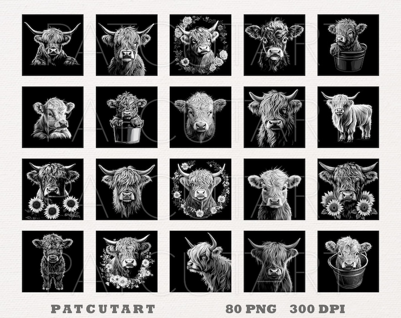 May include: A set of 20 black and white digital illustrations of Highland cattle in various poses. The cattle are depicted with flowers, hearts, and other decorative elements. The illustrations are perfect for use in digital scrapbooking, card making, and other creative projects.