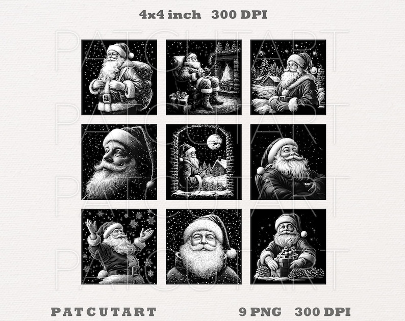 May include: A digital collection of nine black and white square illustrations featuring Santa Claus in various holiday scenes, including sitting by a fireplace, standing in snow, and holding gifts. The text 4x4 inch 300 DPI and PATCUTART 9 PNG 300 DPI is visible.