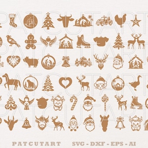 Op de afbeelding: Een verzameling bruine kerstversieringen in diverse vormen, waaronder een kerstboom, een ster, een teddybeer, een rendier en een kerstman. De ornamenten zijn ontworpen voor gebruik met SVG-, DXF-, EPS- en AI-bestanden.