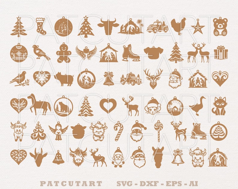 Op de afbeelding: Een verzameling bruine kerstversieringen in diverse vormen, waaronder een kerstboom, een ster, een teddybeer, een rendier en een kerstman. De ornamenten zijn ontworpen voor gebruik met SVG-, DXF-, EPS- en AI-bestanden.