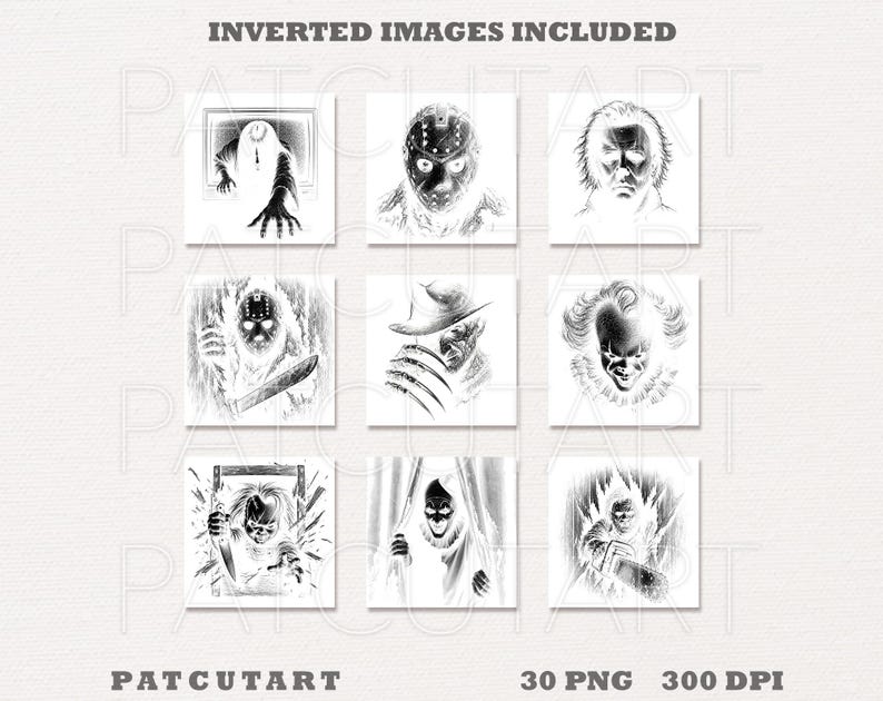 May include: A collection of nine black and white digital illustrations featuring iconic horror movie characters, including masked figures, a clown, and a doll. The text INVERTED IMAGES INCLUDED, PATCUTART, 30 PNG, and 300 DPI is visible on the image.