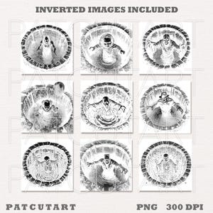 May include: A collection of nine black and white digital illustrations featuring various figures emerging from circular stone wells. The images include characters with hats, balloons, and expressive poses. The text INVERTED IMAGES INCLUDED, PATCUTART, and PNG 300 DPI is visible.