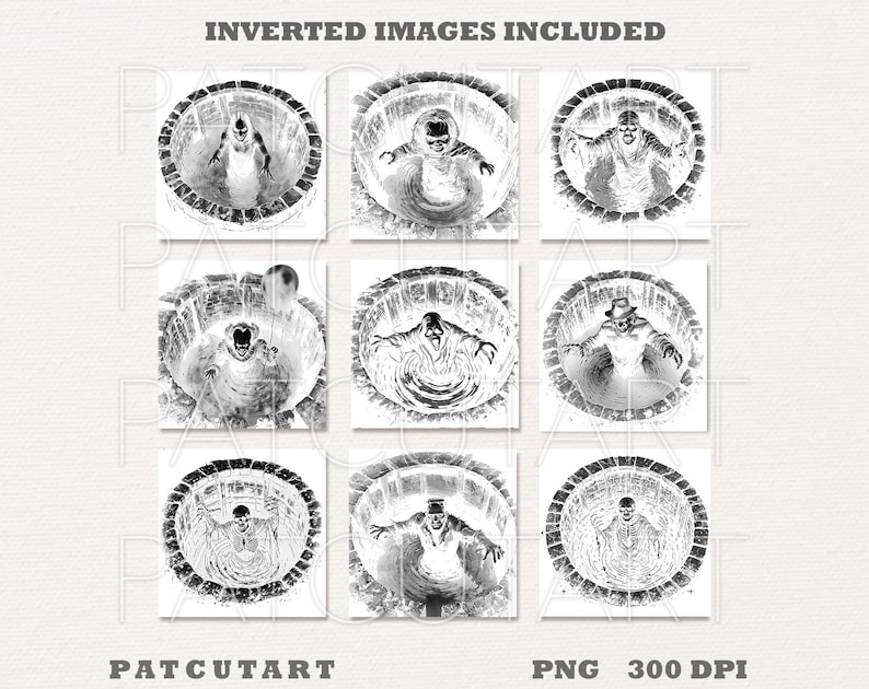 May include: A collection of nine black and white digital illustrations featuring various figures emerging from circular stone wells. The images include characters with hats, balloons, and expressive poses. The text INVERTED IMAGES INCLUDED, PATCUTART, and PNG 300 DPI is visible.