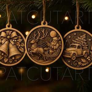 May include: Three wooden Christmas ornaments hanging from twine. The ornaments feature engraved designs of bells, Santa Claus in a sleigh with reindeer, and a vintage truck carrying a Christmas tree. The ornaments are brown with a dark background.