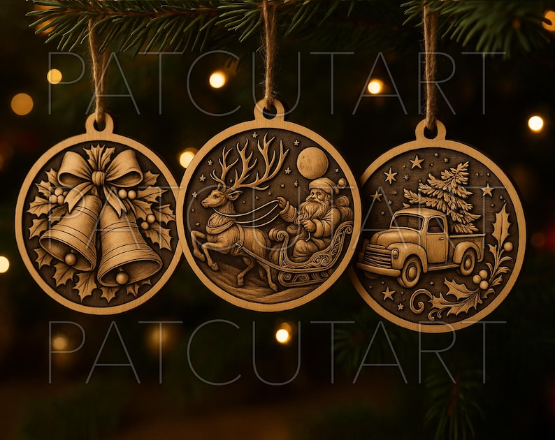 May include: Three wooden Christmas ornaments hanging from twine. The ornaments feature engraved designs of bells, Santa Claus in a sleigh with reindeer, and a vintage truck carrying a Christmas tree. The ornaments are brown with a dark background.