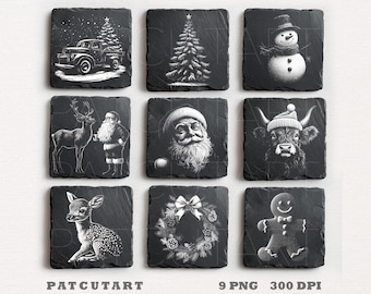 File per incisione su ardesia natalizia, incisione laser PNG natalizia, Glowforge, sottobicchieri in ardesia natalizia PNG, file per incisione laser di Babbo Natale, illusione laser PNG