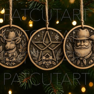 May include: Three wooden Christmas ornaments with a rustic design. One features a deer wearing a cowboy hat, another a star with rope detailing, and the last, Santa Claus in a cowboy hat. Each ornament is round and hangs from a twine string.