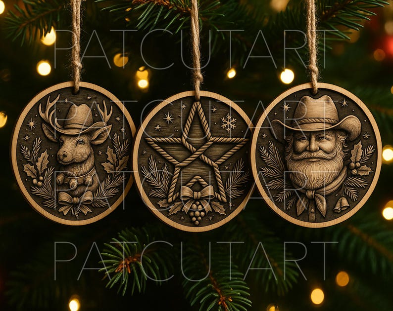 May include: Three wooden Christmas ornaments with a rustic design. One features a deer wearing a cowboy hat, another a star with rope detailing, and the last, Santa Claus in a cowboy hat. Each ornament is round and hangs from a twine string.