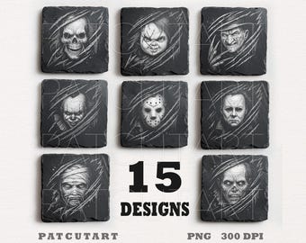 Halloween slate engraving files, Halloween Glowforge, Halloween png laser engrave, Spooky Slate Coasters PNG, Laser Burn File,Illusion Laser