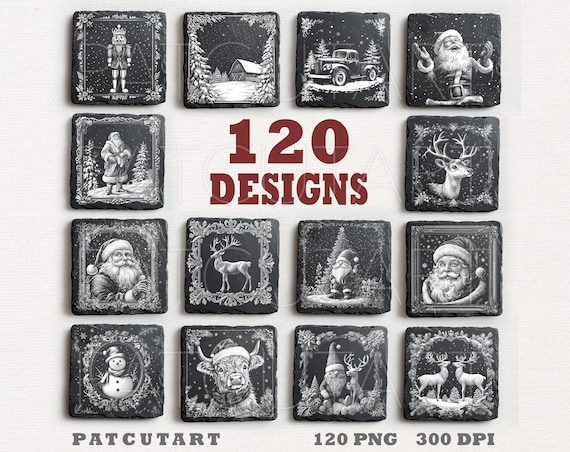 120 Christmas Slate Engraving Files, Christmas PNG Laser Engrave,Christmas Slate Coasters PNG, Glowforge,Illusion Laser PNG, Laser Burn File