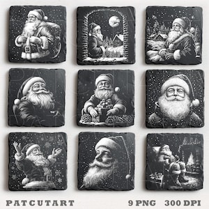 May include: A set of nine square black slate coasters featuring white engraved illustrations of Santa Claus in various holiday scenes, including snowy landscapes, gift-giving, and fireside settings, with the text PATCUTART 9 PNG 300 DPI below.