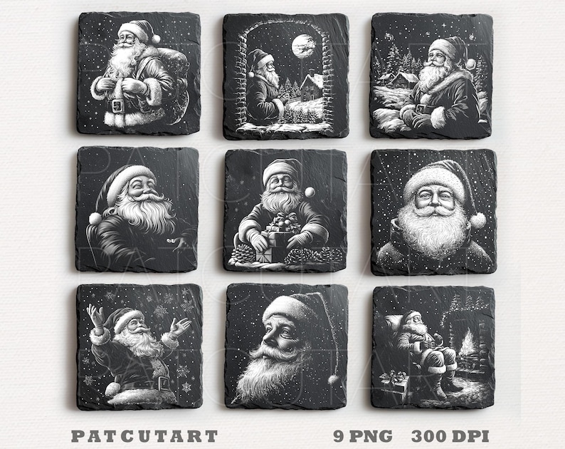 May include: A set of nine square black slate coasters featuring white engraved illustrations of Santa Claus in various holiday scenes, including snowy landscapes, gift-giving, and fireside settings, with the text PATCUTART 9 PNG 300 DPI below.