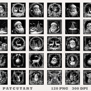 May include: A digital collection of thirty square black and white illustrations featuring Christmas themes including Santa Claus, reindeer, snow-covered pine trees, gift boxes, ornaments, snowmen, and highland cattle, with the text PATCUTART 120 PNG 300 DPI.