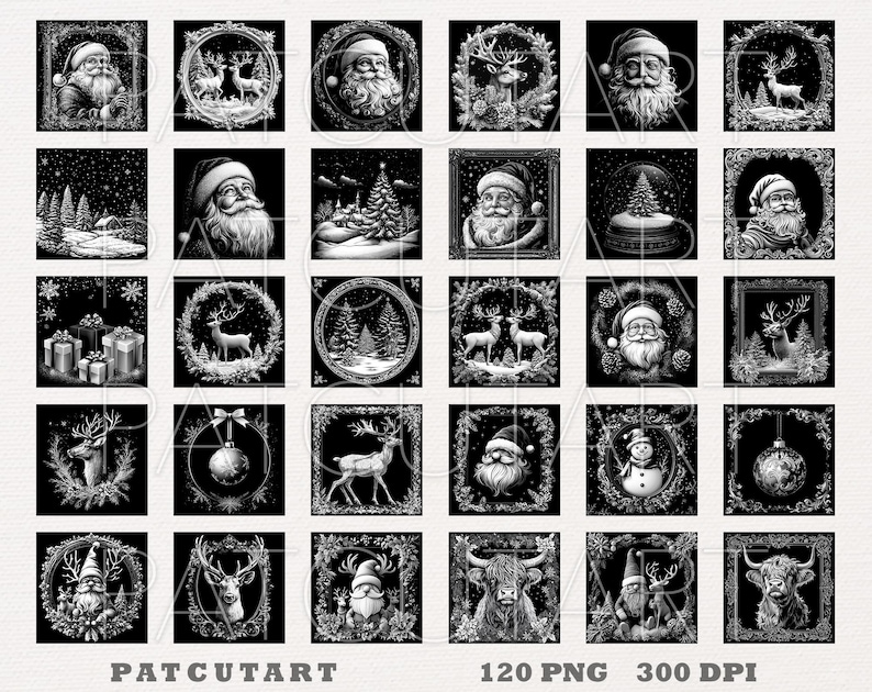 May include: A digital collection of thirty square black and white illustrations featuring Christmas themes including Santa Claus, reindeer, snow-covered pine trees, gift boxes, ornaments, snowmen, and highland cattle, with the text PATCUTART 120 PNG 300 DPI.