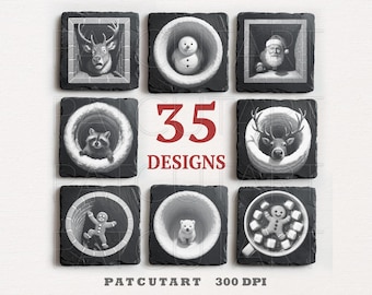 May include: A collection of square slate coasters featuring 35 black and white engraved designs, including a reindeer, snowman, Santa Claus, raccoon, gingerbread person, and polar bear, with the red text 35 DESIGNS and PATCUTART 300 DPI.