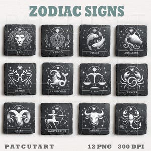Gravyrfiler för stjärntecken i skiffer, lasergravyr för stjärntecken i PNG, underlägg i skiffer i djurstil i PNG, Glowforge, laserbränningsfil för horoskop, illusionslaser